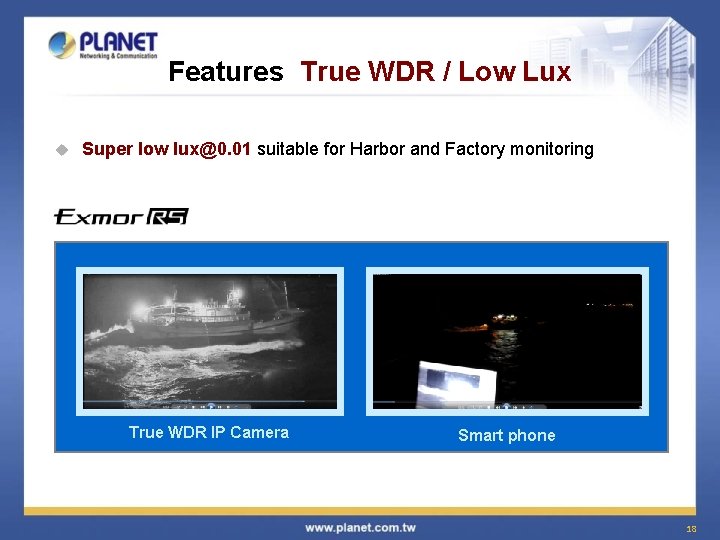 Features True WDR / Low Lux u Super low lux@0. 01 suitable for Harbor