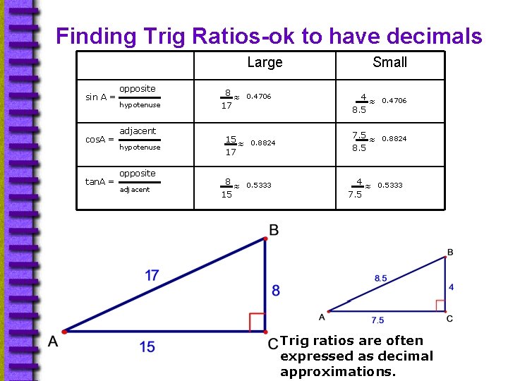 Finding Trig Ratios-ok to have decimals Large sin A = cos. A = tan.