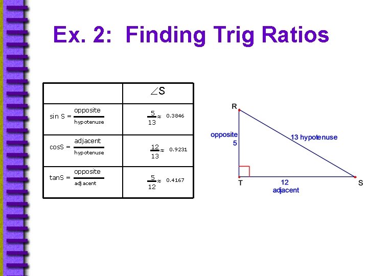 Ex. 2: Finding Trig Ratios S sin S = cos. S = tan. S