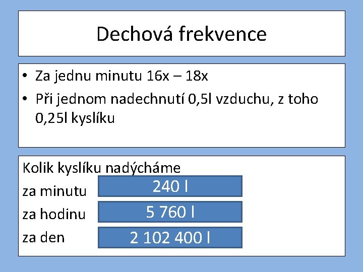 Dechová frekvence • Za jednu minutu 16 x – 18 x • Při jednom