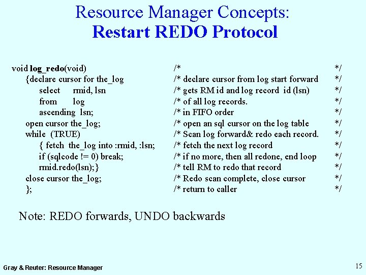 Resource Manager Concepts: Restart REDO Protocol void log_redo(void) {declare cursor for the_log select rmid,