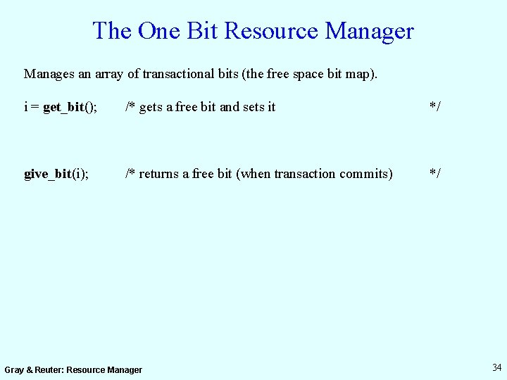 The One Bit Resource Manager Manages an array of transactional bits (the free space