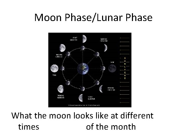 Moon Phase/Lunar Phase What the moon looks like at different times of the month