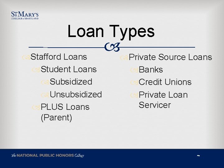 Loan Types Stafford Loans Private Source Loans Student Loans Subsidized Unsubsidized PLUS Loans (Parent)