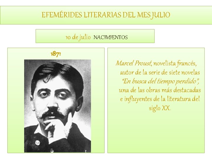 EFEMÉRIDES LITERARIAS DEL MES JULIO 10 de julio NACIMIENTOS 1871 Marcel Proust, novelista francés,