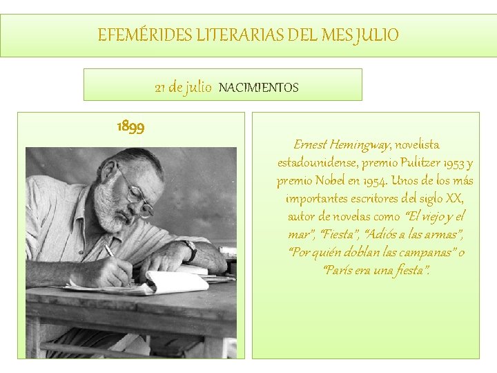 EFEMÉRIDES LITERARIAS DEL MES JULIO 21 de julio NACIMIENTOS 1899 Ernest Hemingway, novelista estadounidense,