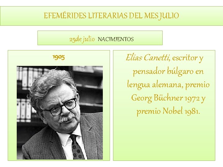 EFEMÉRIDES LITERARIAS DEL MES JULIO 25 de julio NACIMIENTOS 1905 Elias Canetti, escritor y
