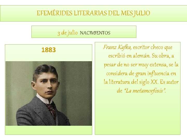 EFEMÉRIDES LITERARIAS DEL MES JULIO 3 de julio NACIMIENTOS 1883 Franz Kafka, escritor checo