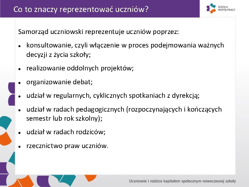 Co to znaczy reprezentować uczniów? Samorząd uczniowski reprezentuje uczniów poprzez: konsultowanie, czyli włączenie w