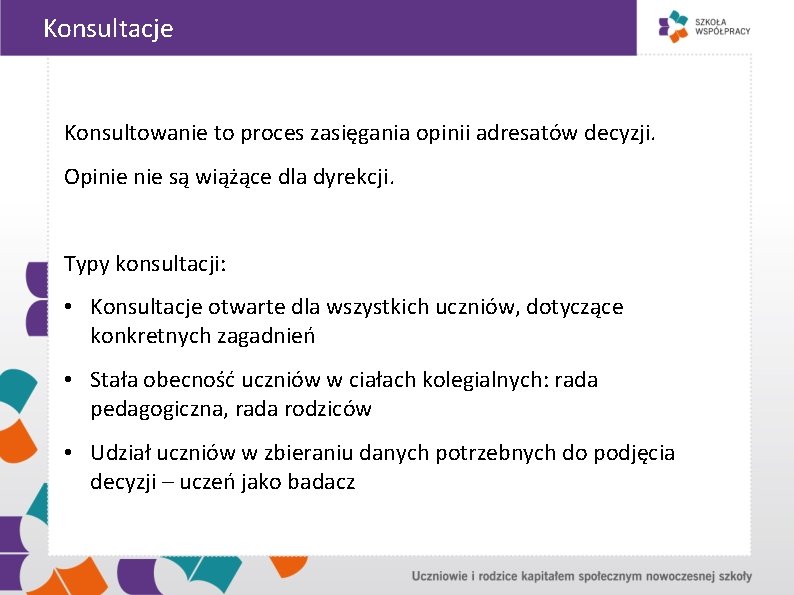 Konsultacje Konsultowanie to proces zasięgania opinii adresatów decyzji. Opinie są wiążące dla dyrekcji. Typy