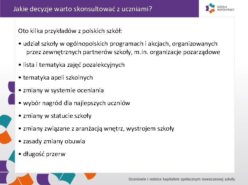 Jakie decyzje warto skonsultować z uczniami? Oto kilka przykładów z polskich szkół: • udział