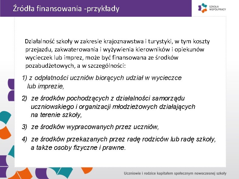 Źródła finansowania -przykłady Działalność szkoły w zakresie krajoznawstwa i turystyki, w tym koszty przejazdu,