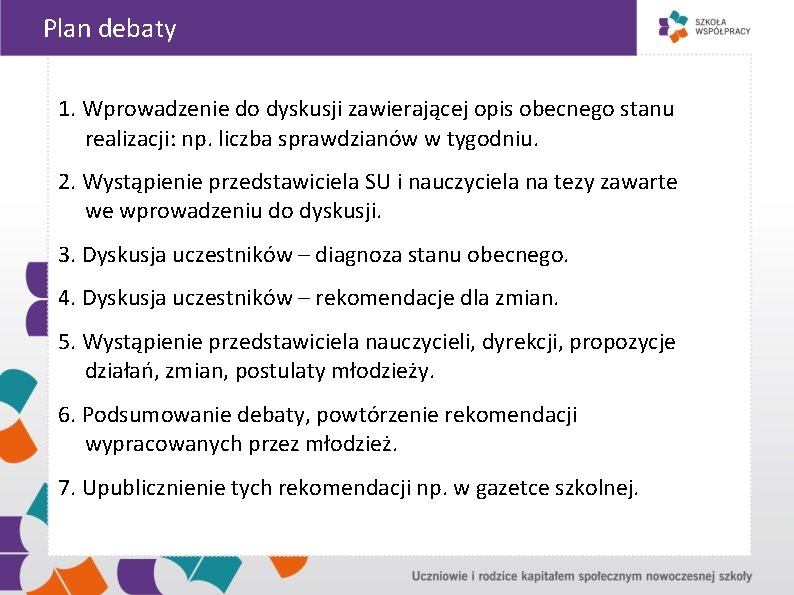 Plan debaty 1. Wprowadzenie do dyskusji zawierającej opis obecnego stanu realizacji: np. liczba sprawdzianów