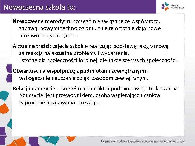 Nowoczesna szkoła to: Nowoczesne metody: tu szczególnie związane ze współpracą, zabawą, nowymi technologiami, o