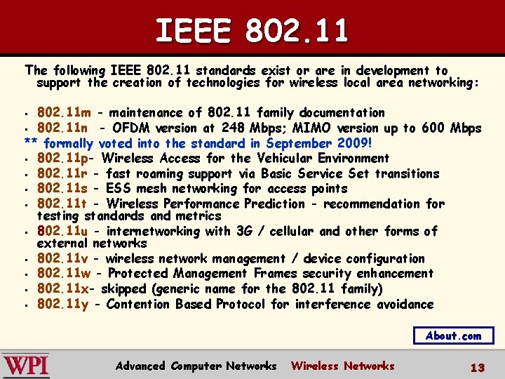 IEEE 802. 11 The following IEEE 802. 11 standards exist or are in development