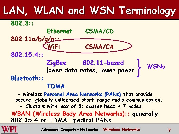 LAN, WLAN and WSN Terminology 802. 3: : Ethernet CSMA/CD 802. 11 a/b/g/n: :