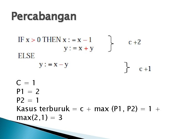 Percabangan C=1 P 1 = 2 P 2 = 1 Kasus terburuk = c