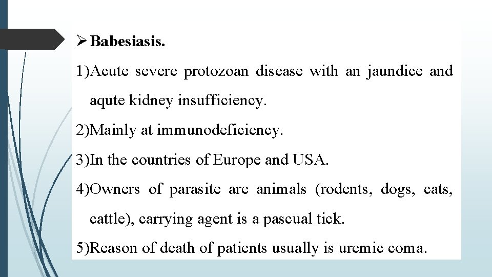  Babesiasis. 1)Acute severe protozoan disease with an jaundice and aqute kidney insufficiency. 2)Mainly