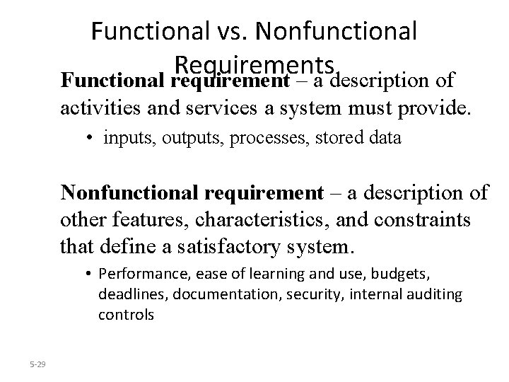 Functional vs. Nonfunctional Requirements Functional requirement – a description of activities and services a