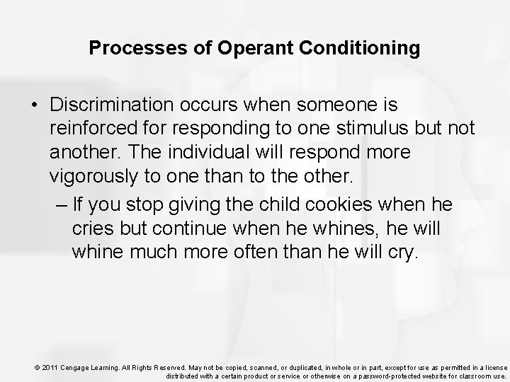 Processes of Operant Conditioning • Discrimination occurs when someone is reinforced for responding to