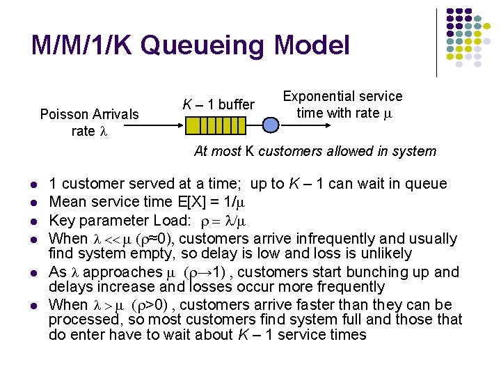 M/M/1/K Queueing Model Poisson Arrivals rate K – 1 buffer Exponential service time with