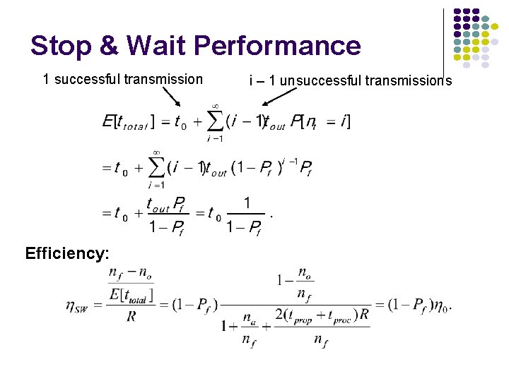Stop & Wait Performance 1 successful transmission Efficiency: i – 1 unsuccessful transmissions 