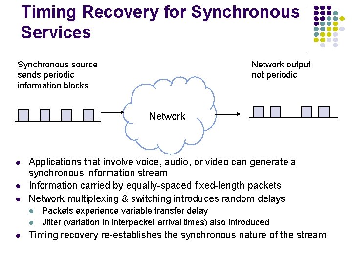 Timing Recovery for Synchronous Services Network output not periodic Synchronous source sends periodic information