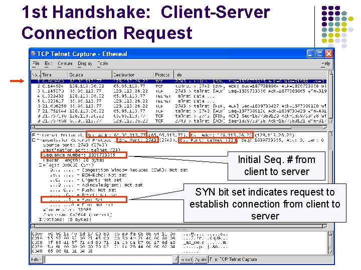 1 st Handshake: Client-Server Connection Request Initial Seq. # from client to server SYN