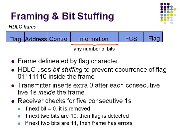 Framing & Bit Stuffing HDLC frame Flag Address Control Information FCS Flag any number