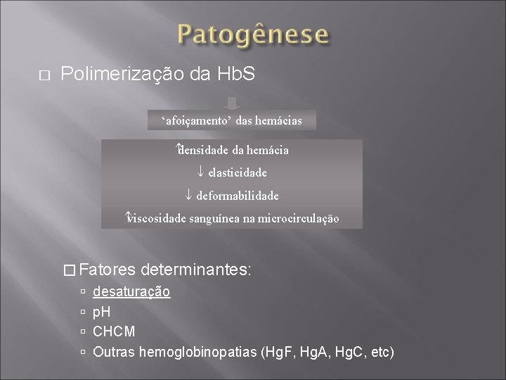 � Polimerização da Hb. S ‘afoiçamento’ das hemácias densidade da hemácia elasticidade deformabilidade viscosidade