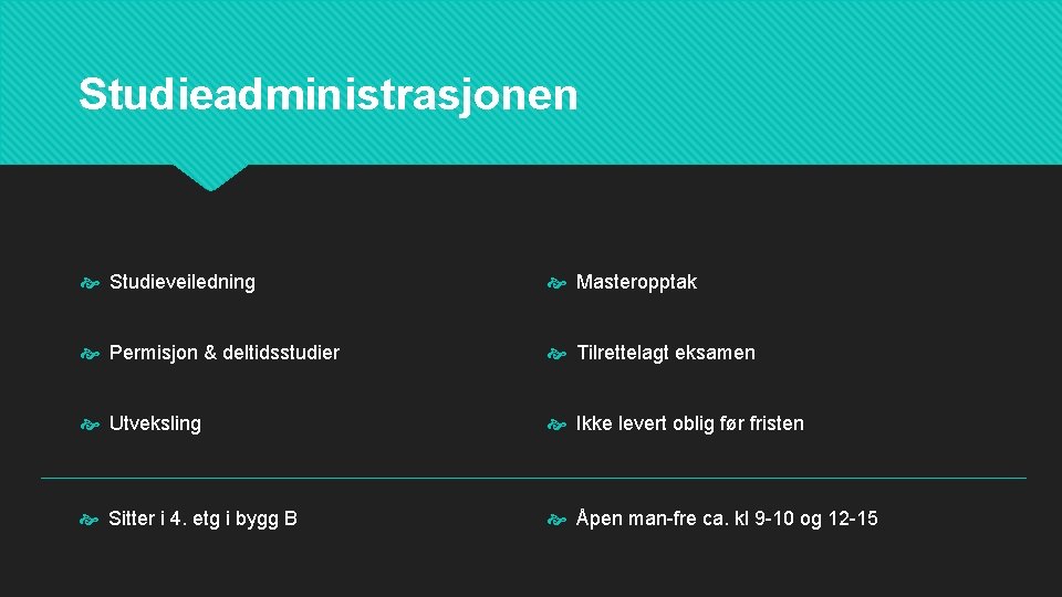 Studieadministrasjonen Studieveiledning Masteropptak Permisjon & deltidsstudier Tilrettelagt eksamen Utveksling Ikke levert oblig før fristen