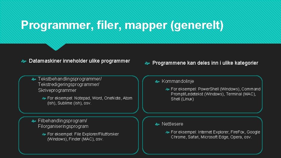 Programmer, filer, mapper (generelt) Datamaskiner inneholder ulike programmer Tekstbehandlingsprogrammer/ Tekstredigeringsprogrammer/ Skriveprogrammer For eksempel: Notepad,