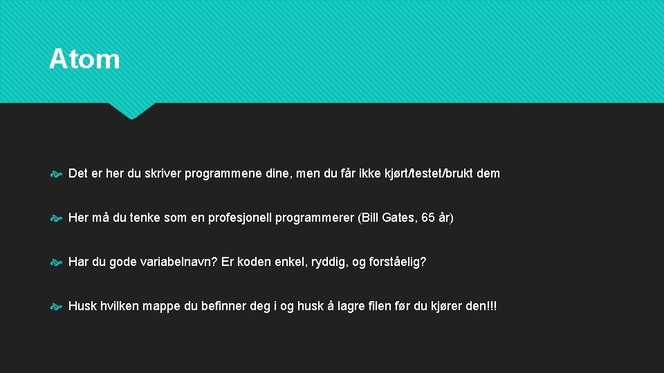 Atom Det er her du skriver programmene dine, men du får ikke kjørt/testet/brukt dem