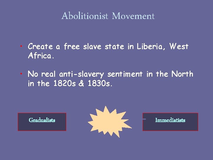 Abolitionist Movement • Create a free slave state in Liberia, West Africa. • No