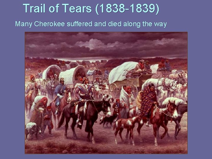 Trail of Tears (1838 -1839) Many Cherokee suffered and died along the way 