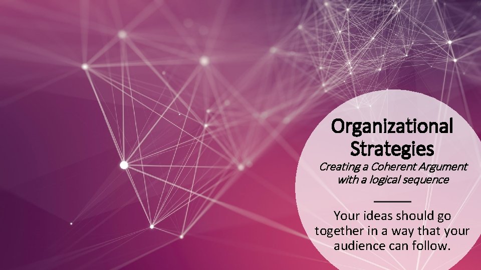 Organizational Strategies Creating a Coherent Argument with a logical sequence Your ideas should go
