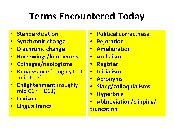 Terms Encountered Today Standardization Synchronic change Diachronic change Borrowings/loan words Coinages/neologisms Renaissance (roughly C