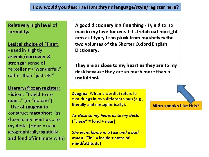 How would you describe Humphrys’s language/style/register here? Relatively high level of formality. Lexical choice