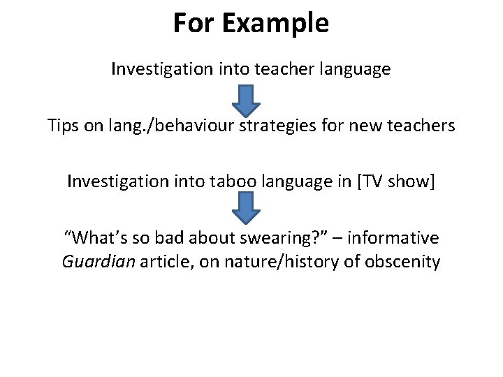 For Example Investigation into teacher language Tips on lang. /behaviour strategies for new teachers