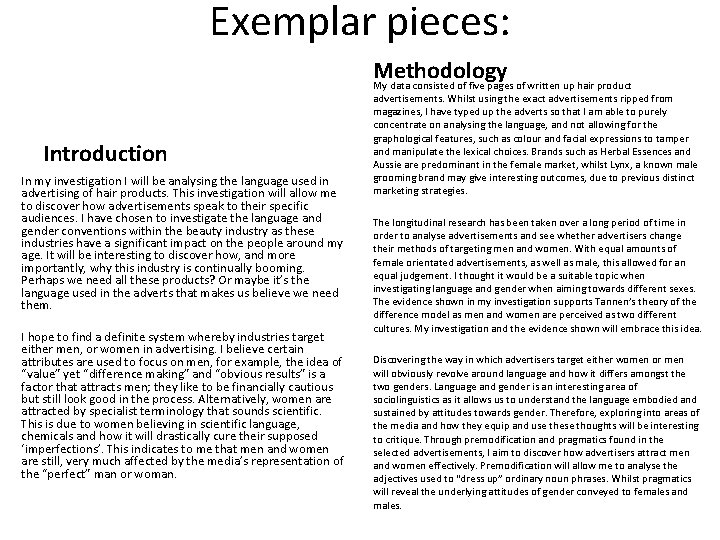 Exemplar pieces: Methodology My data consisted of five pages of written up hair product