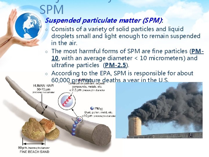 Major Primary Pollutants: SPM ○ Suspended particulate matter (SPM): ○ ○ ○ Consists of