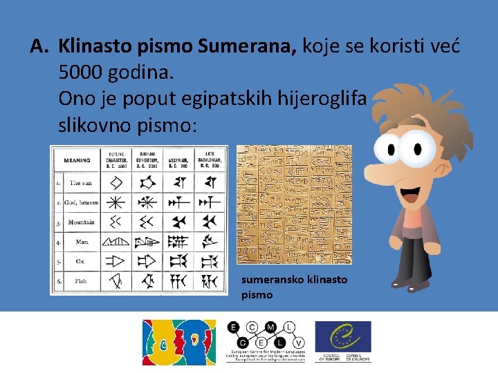 A. Klinasto pismo Sumerana, koje se koristi već 5000 godina. Ono je poput egipatskih