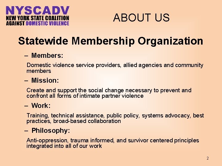 ABOUT US Statewide Membership Organization – Members: Domestic violence service providers, allied agencies and