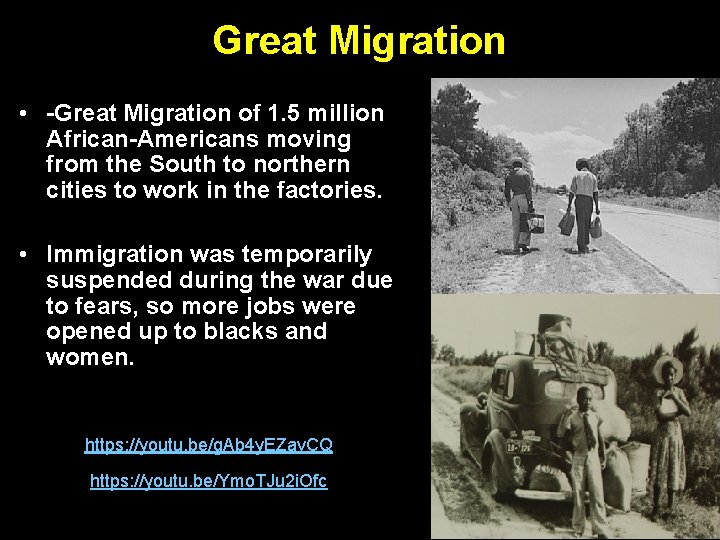 Great Migration • -Great Migration of 1. 5 million African-Americans moving from the South