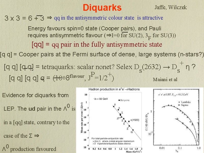 Diquarks 3 x 3=6+3 Jaffe, Wilczek ⇒ qq in the antisymmetric colour state is