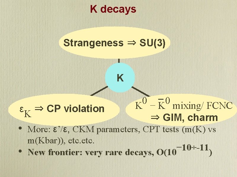 K decays Strangeness ⇒ SU(3) K εK ⇒ CP violation • • 0 0