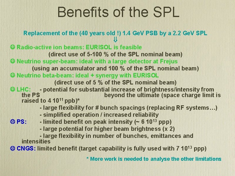 Benefits of the SPL Replacement of the (40 years old !) 1. 4 Ge.