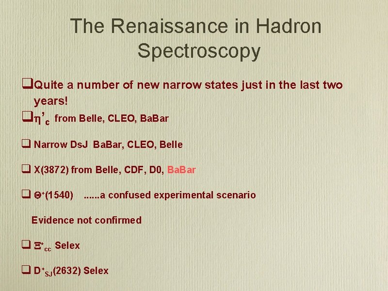 The Renaissance in Hadron Spectroscopy q. Quite a number of new narrow states just