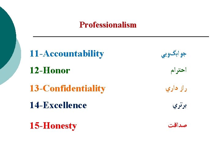 Professionalism 11 -Accountability 12 -Honor 13 -Confidentiality 14 -Excellence 15 -Honesty ﺟﻮﺍﺑگﻮﻳﻲ ﺍﺣﺘﺮﺍﻡ ﺭﺍﺯ