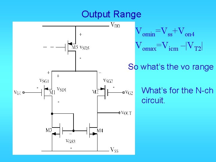 Output Range Vomin=Vss+Von 4 Vomax=Vicm –|VT 2| So what’s the vo range What’s for